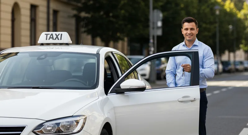 Șofer de taxi care ține deschisă portiera mașinii