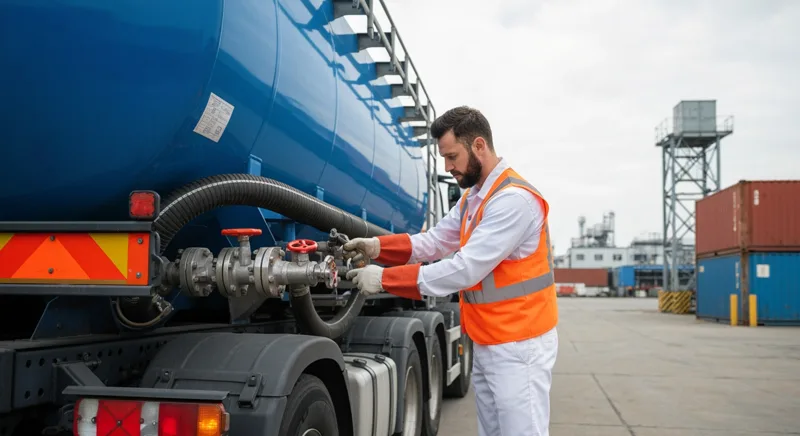 Conducător auto ADR care manevrează furtunul unei cisterne