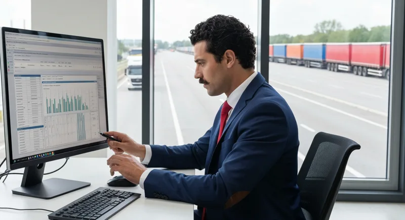 Manager de transport care urmărește flota pe calculator
