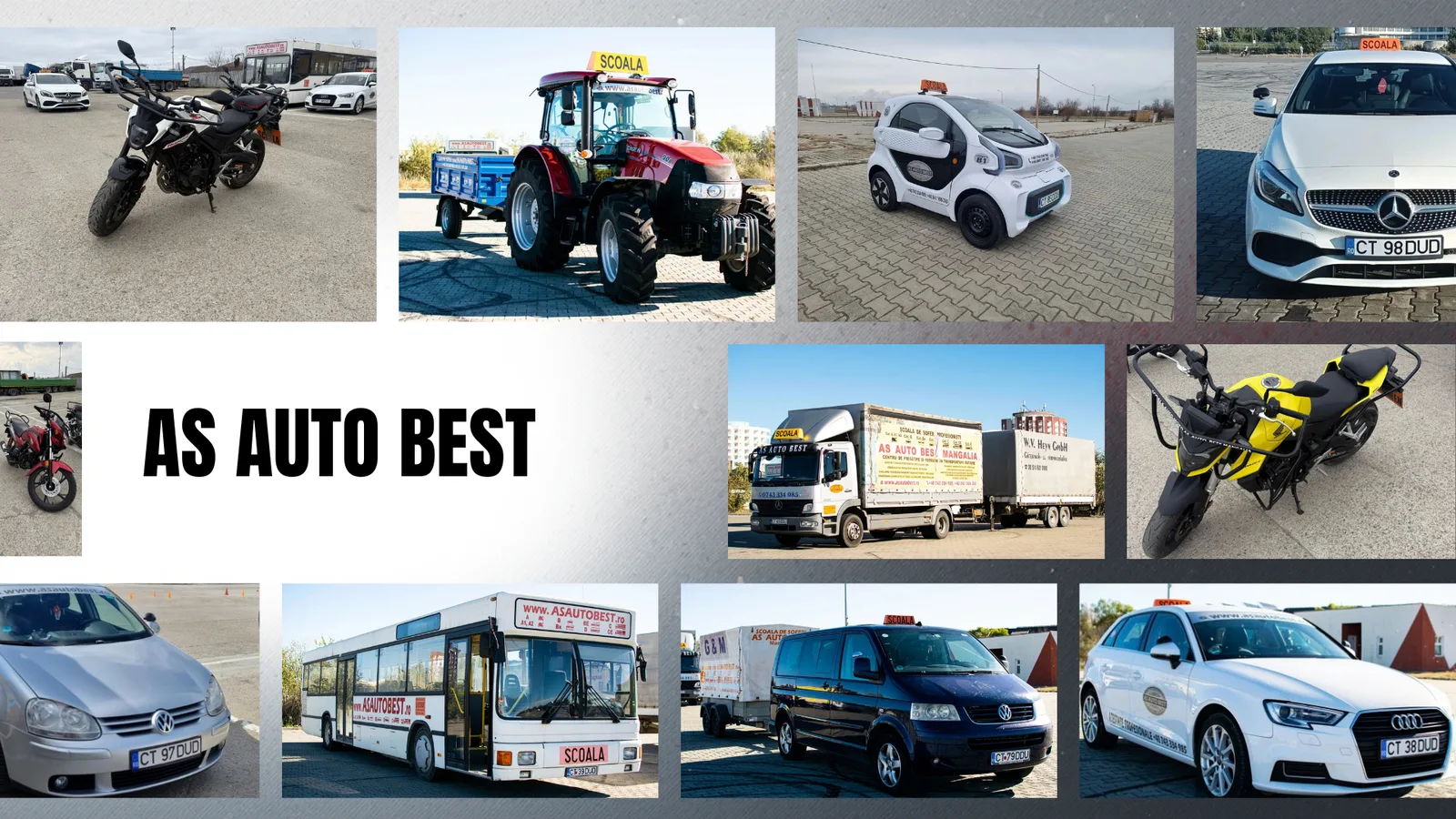 Colaj cu vehiculele școlii: autoturisme, motociclete, camioane, autobuz și tractor